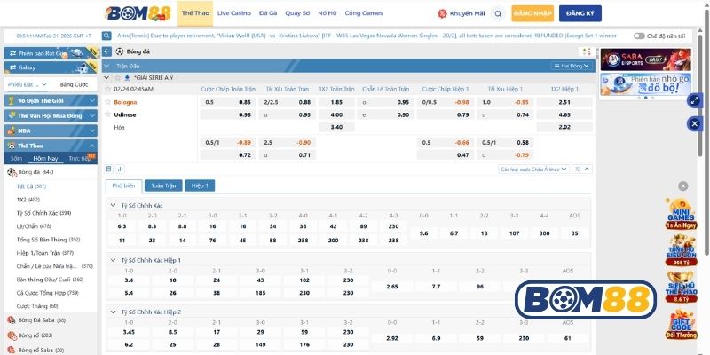 Bảng tỷ lệ kèo trận Bologna vs Udinese ngày 24/02/2026