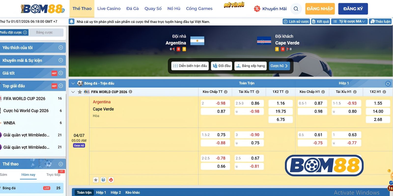 Bảng tỷ lệ kèo trận Argentina vs Cape Verde ngày 04/07/2026