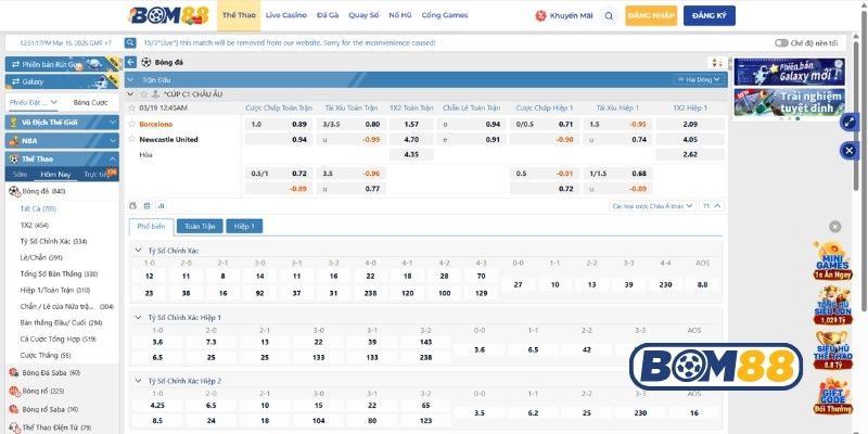 Bảng tỷ lệ kèo trận Barcelona vs Newcastle ngày 19/03/2026