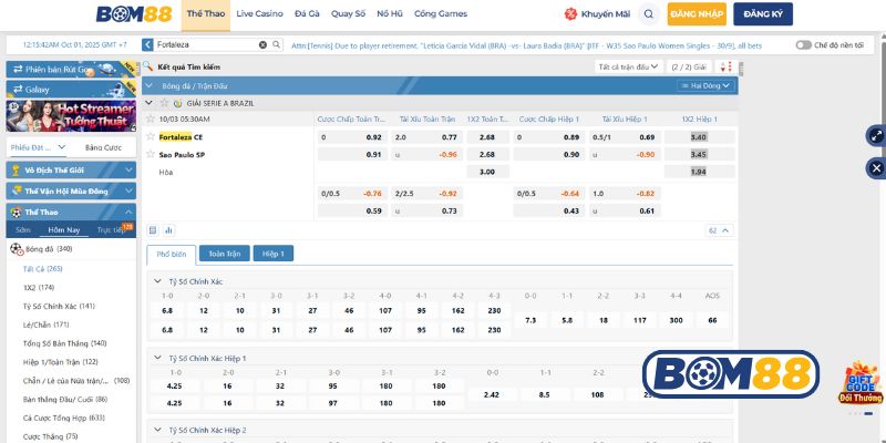 Bảng tỷ lệ kèo trận Fortaleza vs Sao Paulo 03/10/2025