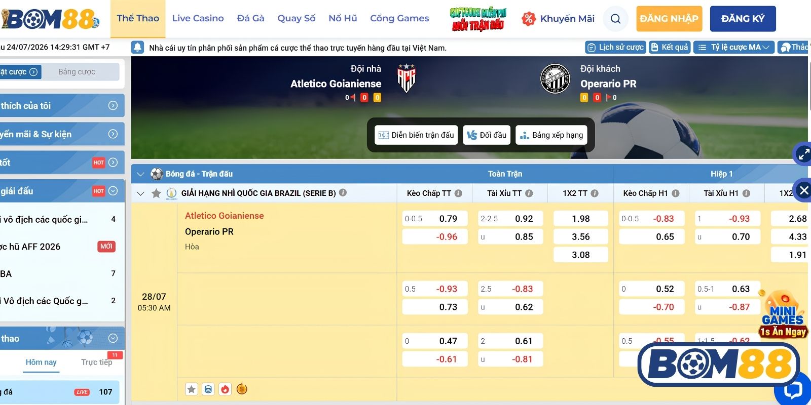 Bảng tỷ lệ kèo trận Atletico Goianiense vs Operario PR ngày 28/07/2026