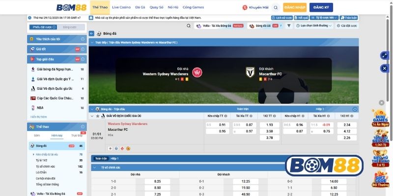 Bảng tỷ lệ kèo trận WS Wanderers vs Macarthur ngày 01/01/2026