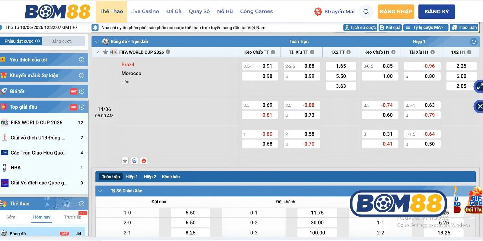 Bảng tỷ lệ kèo trận Brazil vs Maroc ngày 14/06/2026