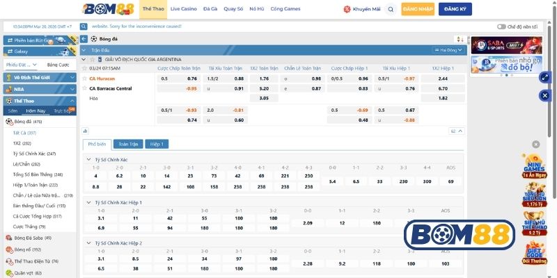 Bảng tỷ lệ kèo trận Huracan vs Barracas Central ngày 24/03/2026