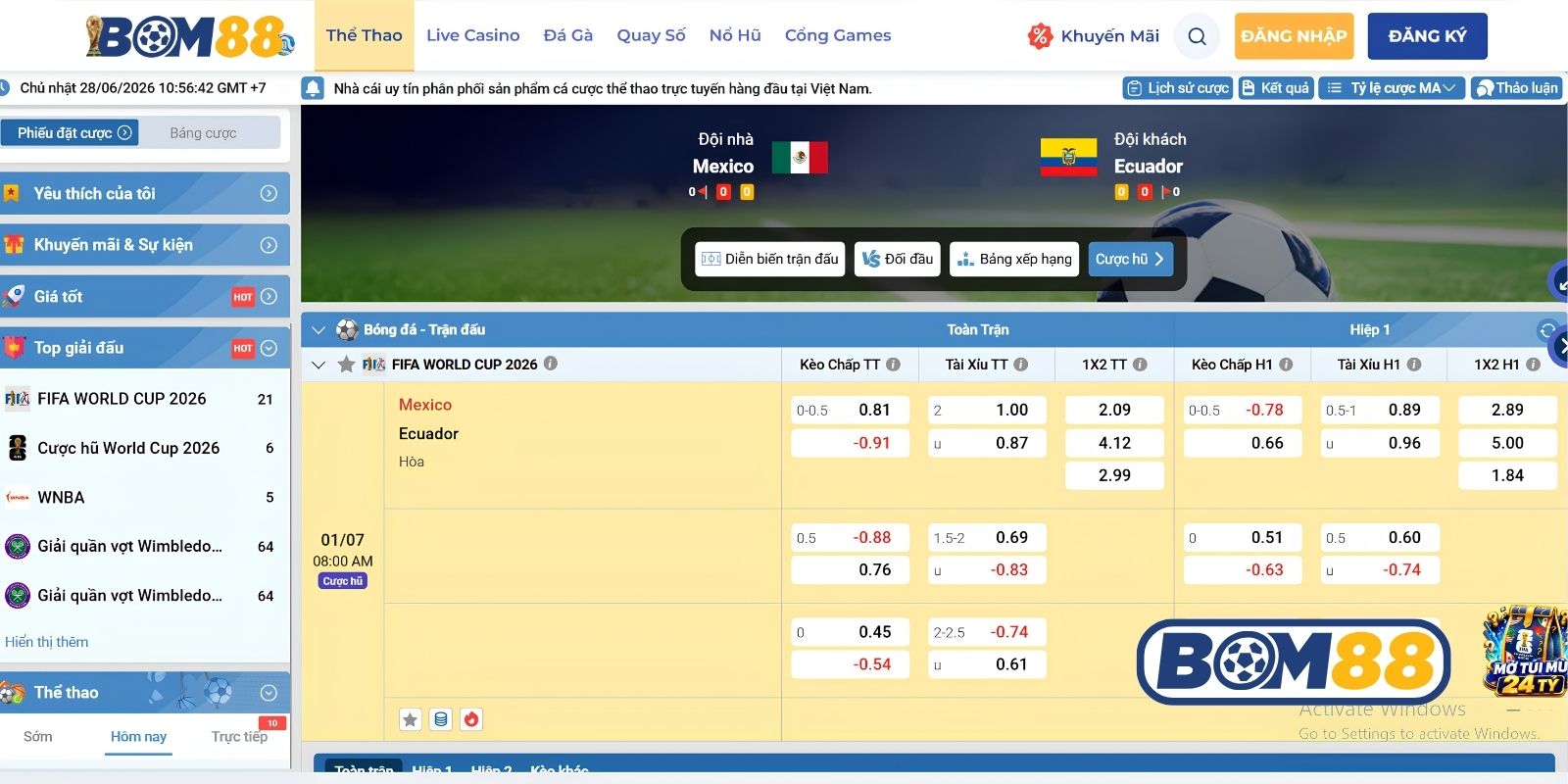 Bảng tỷ lệ kèo trận Mexico vs Ecuador ngày 01/07/2026