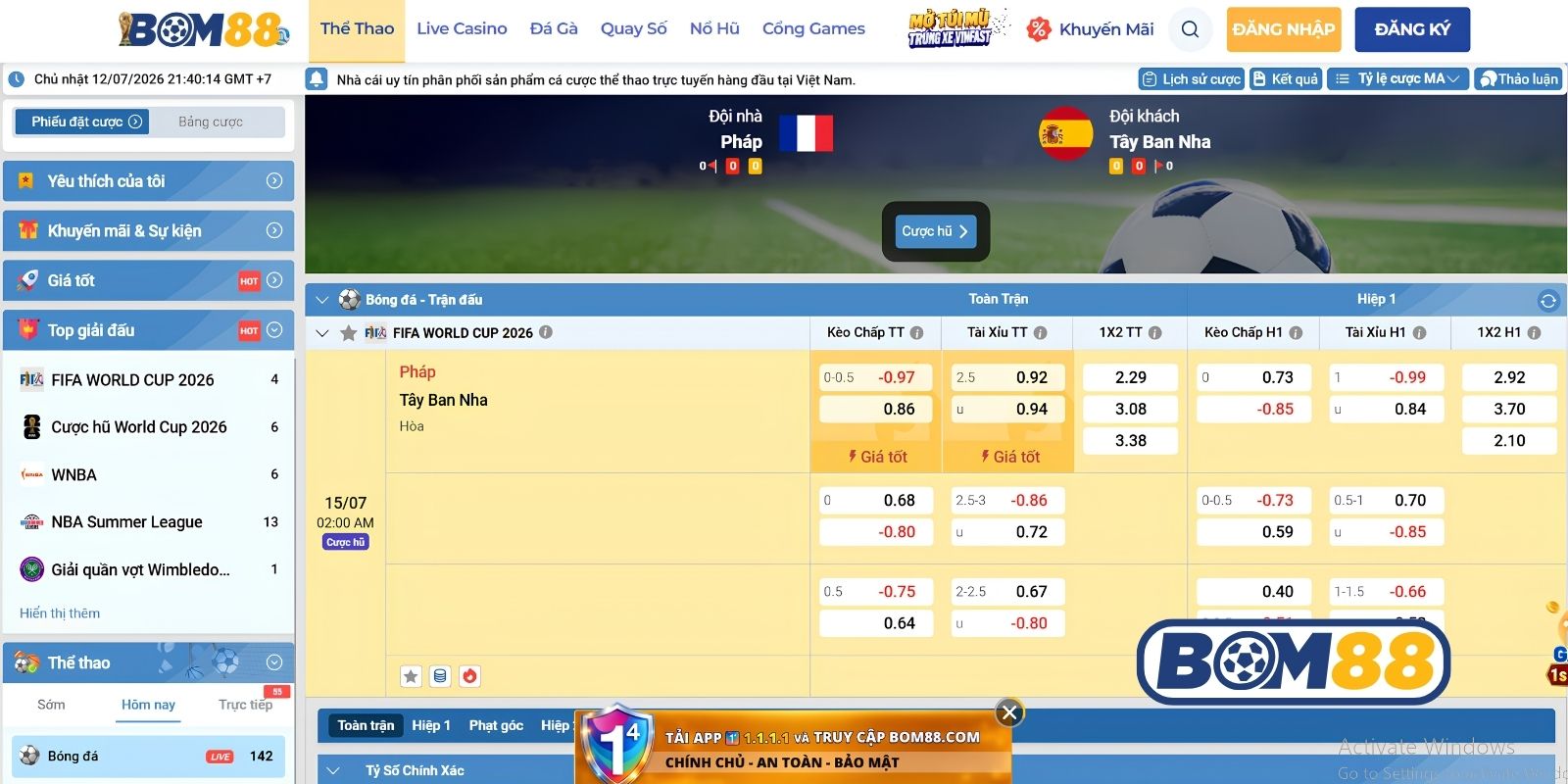 Bảng tỷ lệ kèo trận Pháp vs Tây Ban Nha ngày 15/07/2026