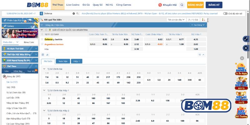 Bảng tỷ lệ kèo trận Defensa vs Argentinos 11/10/2025