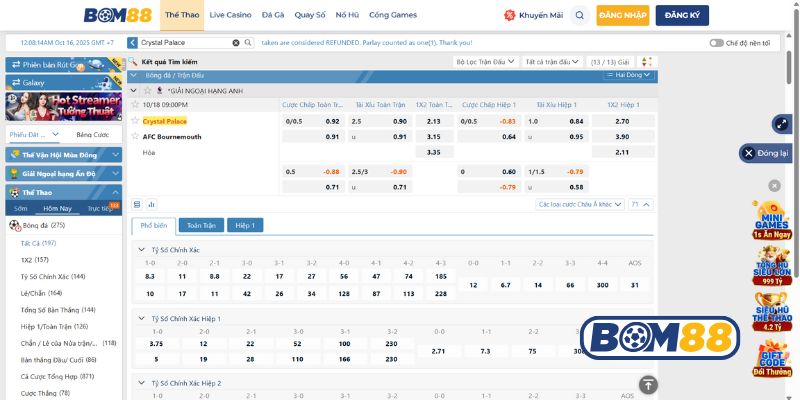Bảng tỷ lệ kèo trận Crystal Palace vs Bournemouth 18/10/2025