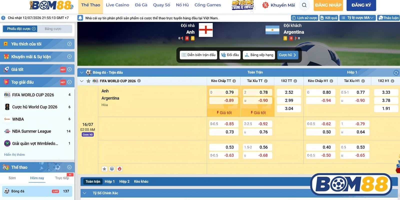 Bảng tỷ lệ kèo trận Anh vs Argentina ngày 16/07/2026