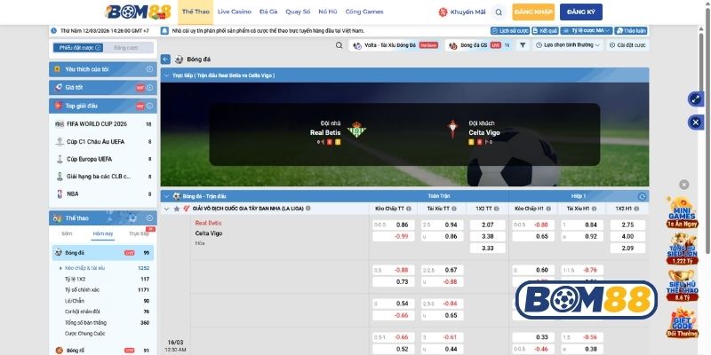 Bảng tỷ lệ kèo trận Betis vs Celta Vigo ngày 16/03/2026