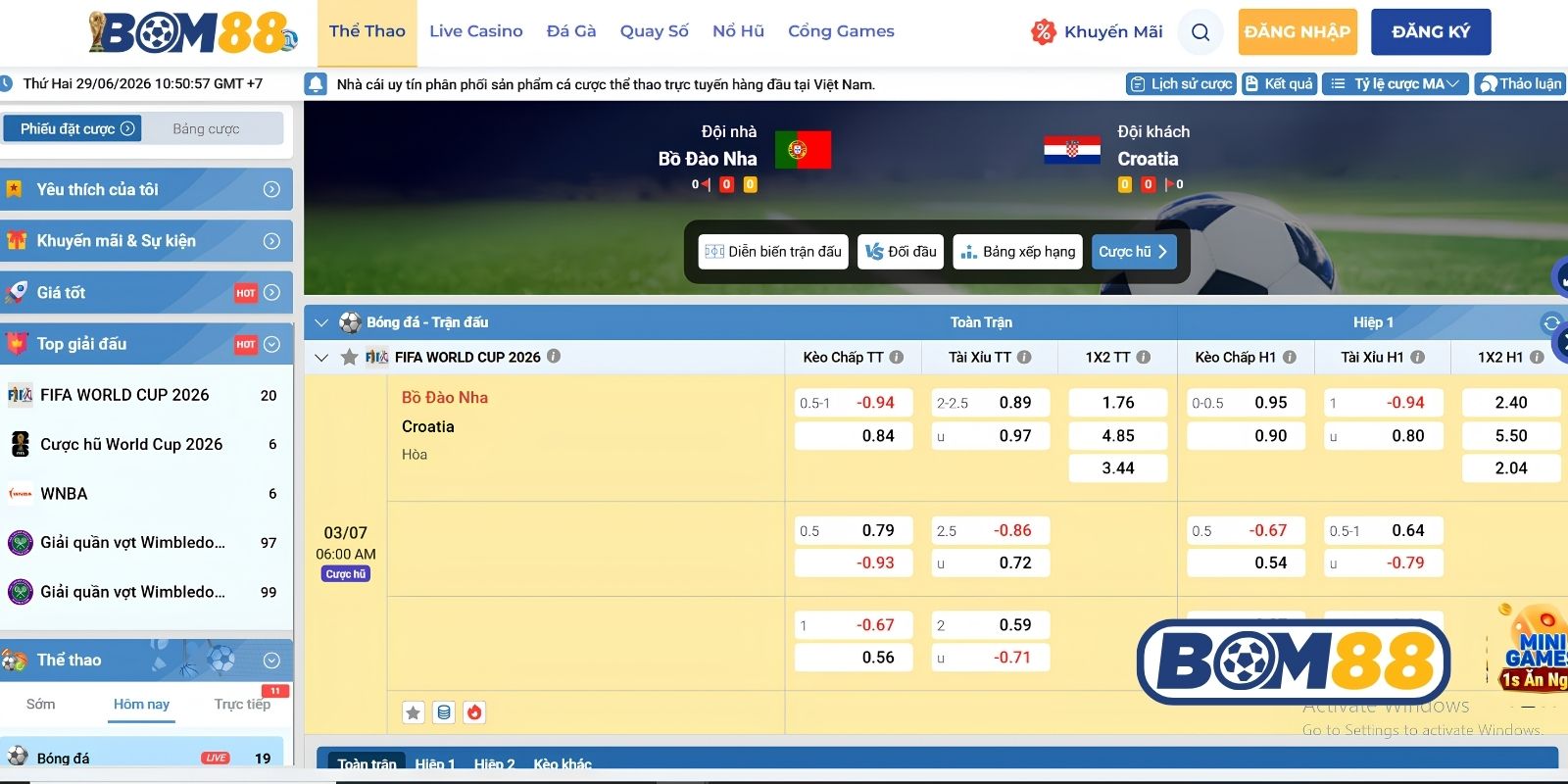 Bảng tỷ lệ kèo trận Bồ Đào Nha vs Croatia ngày 03/07/2026