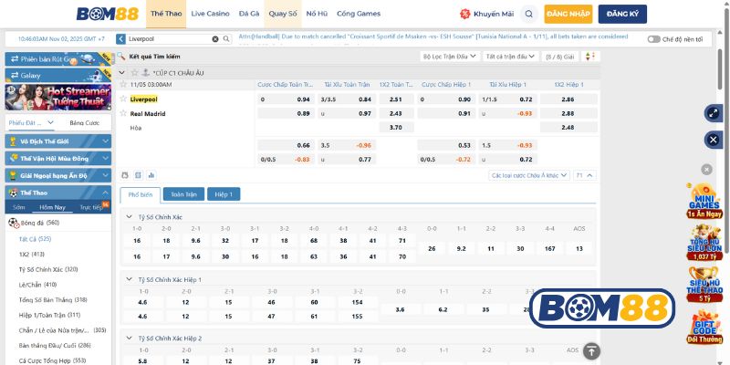 Bảng tỷ lệ kèo trận Liverpool vs Real Madrid 05/11/2025