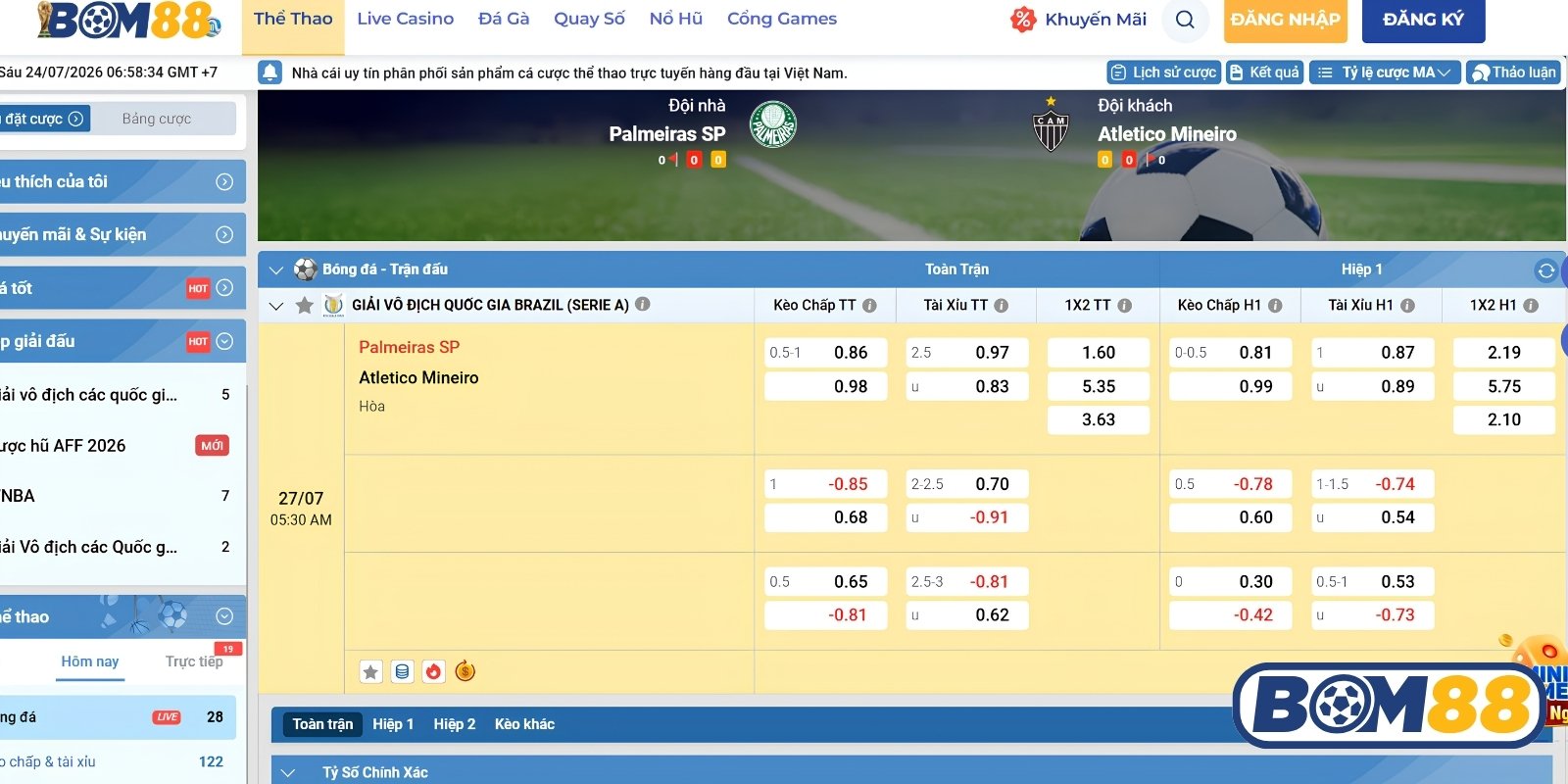Bảng tỷ lệ kèo trận Palmeras SP vs Atletico Mineiro ngày 27/07/2026