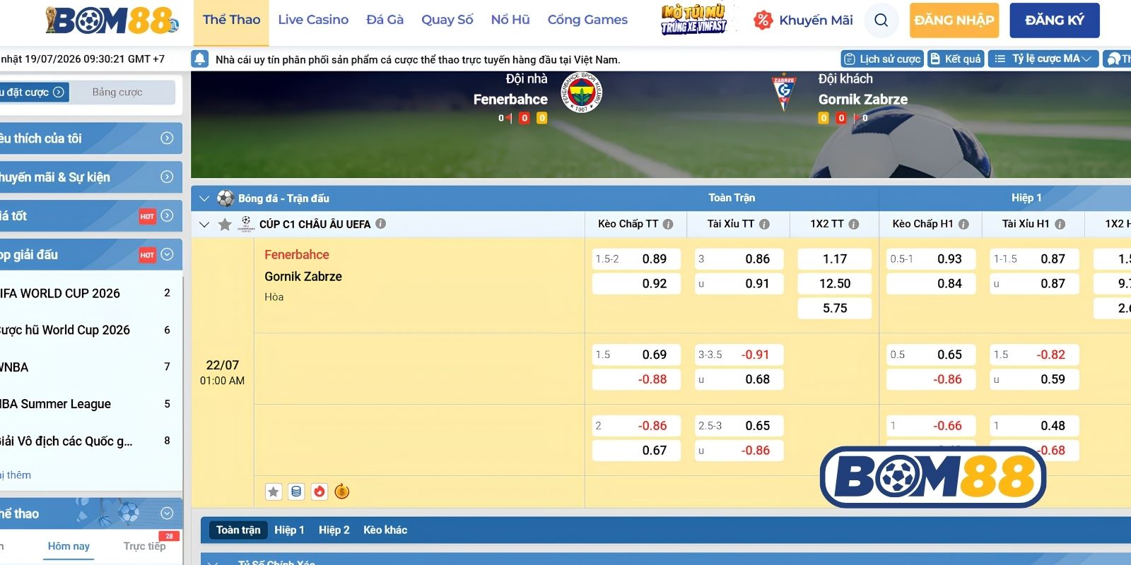 Bảng tỷ lệ kèo trận Fenerbahce vs Gornik Zabrze ngày 22/07/2026