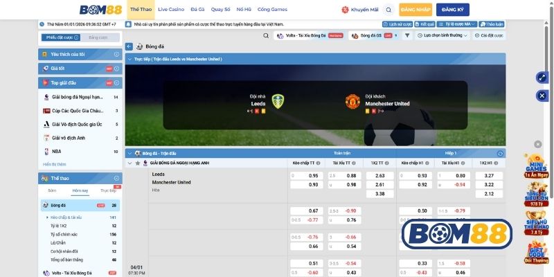 Bảng tỷ lệ kèo trận Leeds vs Man United ngày 04/01/2026