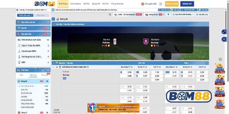 Bảng tỷ lệ kèo trận Fulham vs Burnley ngày 21/03/2026