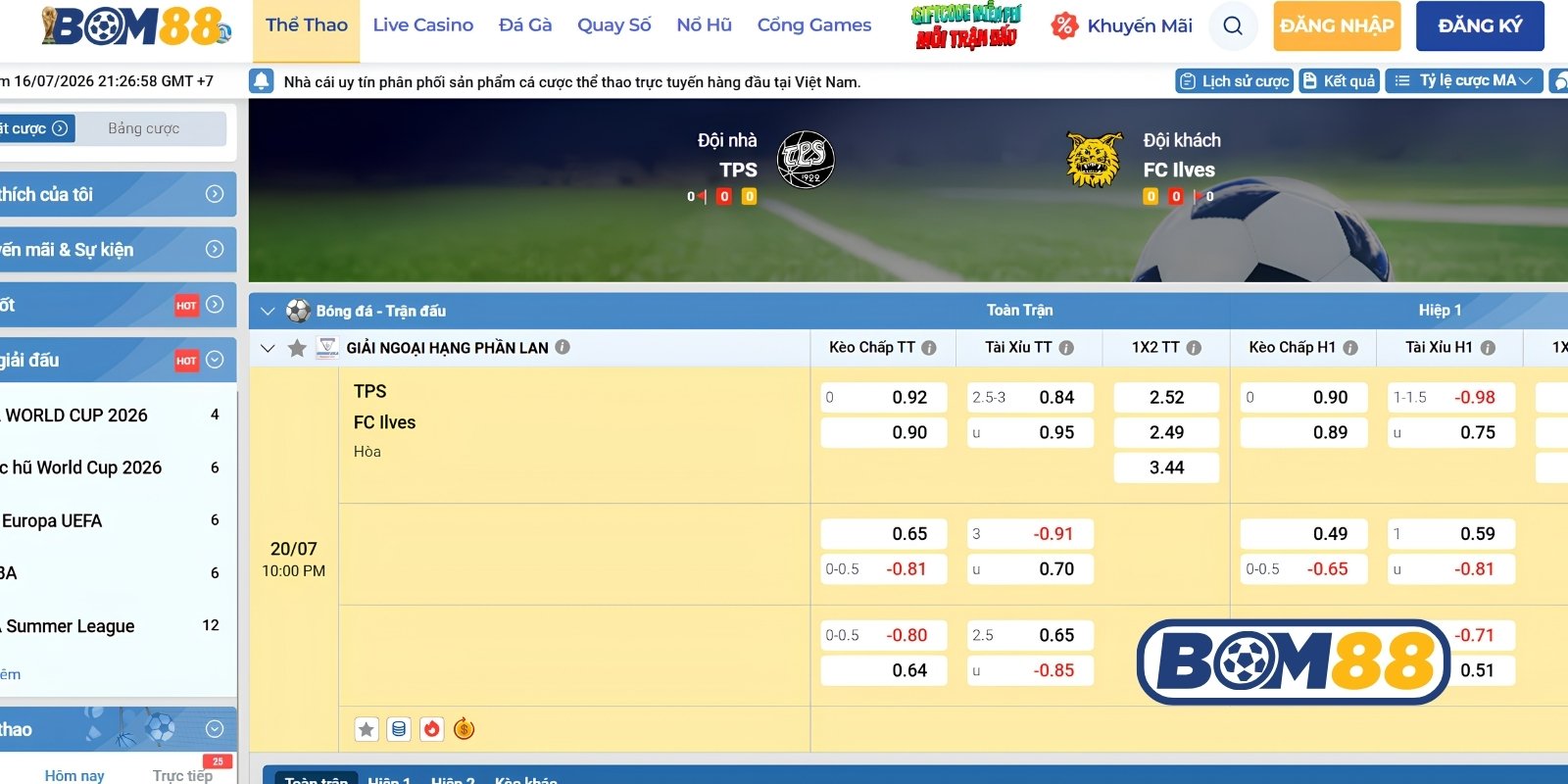 Bảng tỷ lệ kèo trận TPS vs FC Ilves ngày 20/07/2026