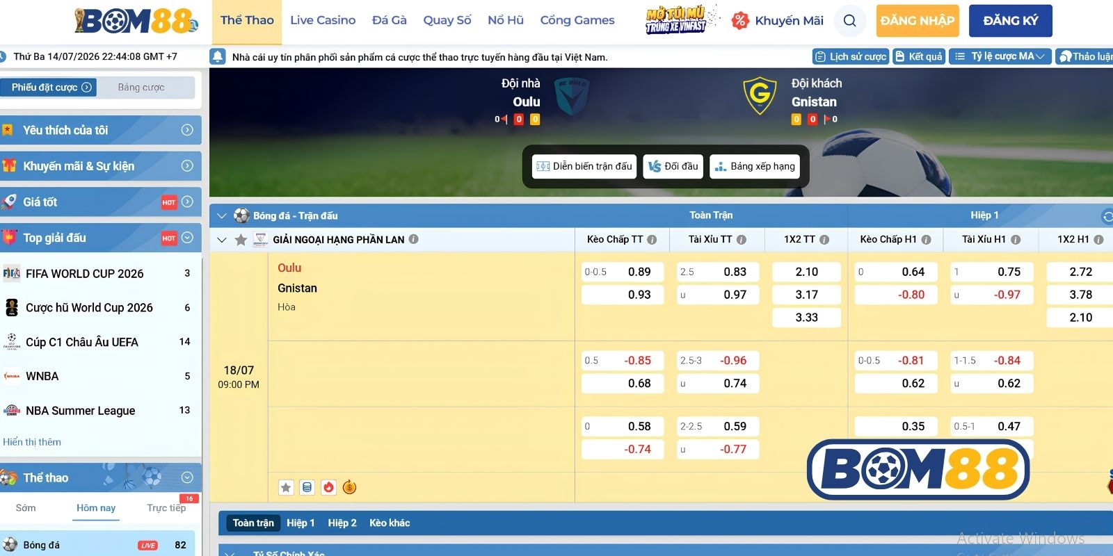 Bảng tỷ lệ kèo trận Oulu vs Gnistan ngày 18/07/2026