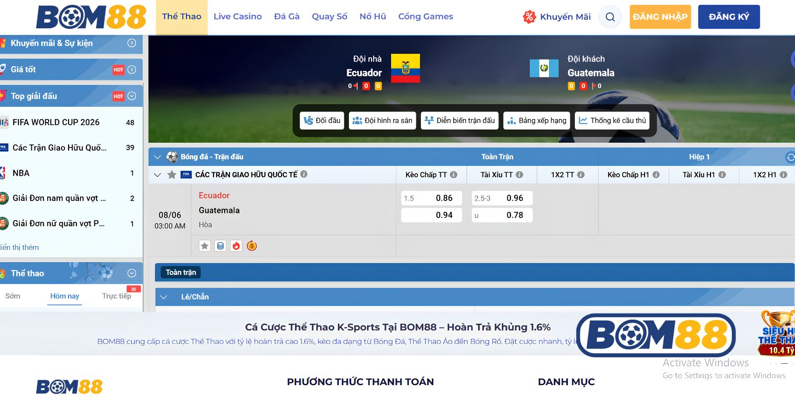 Bảng tỷ lệ kèo trận Ecuador vs Guatemala ngày 08/06/2026