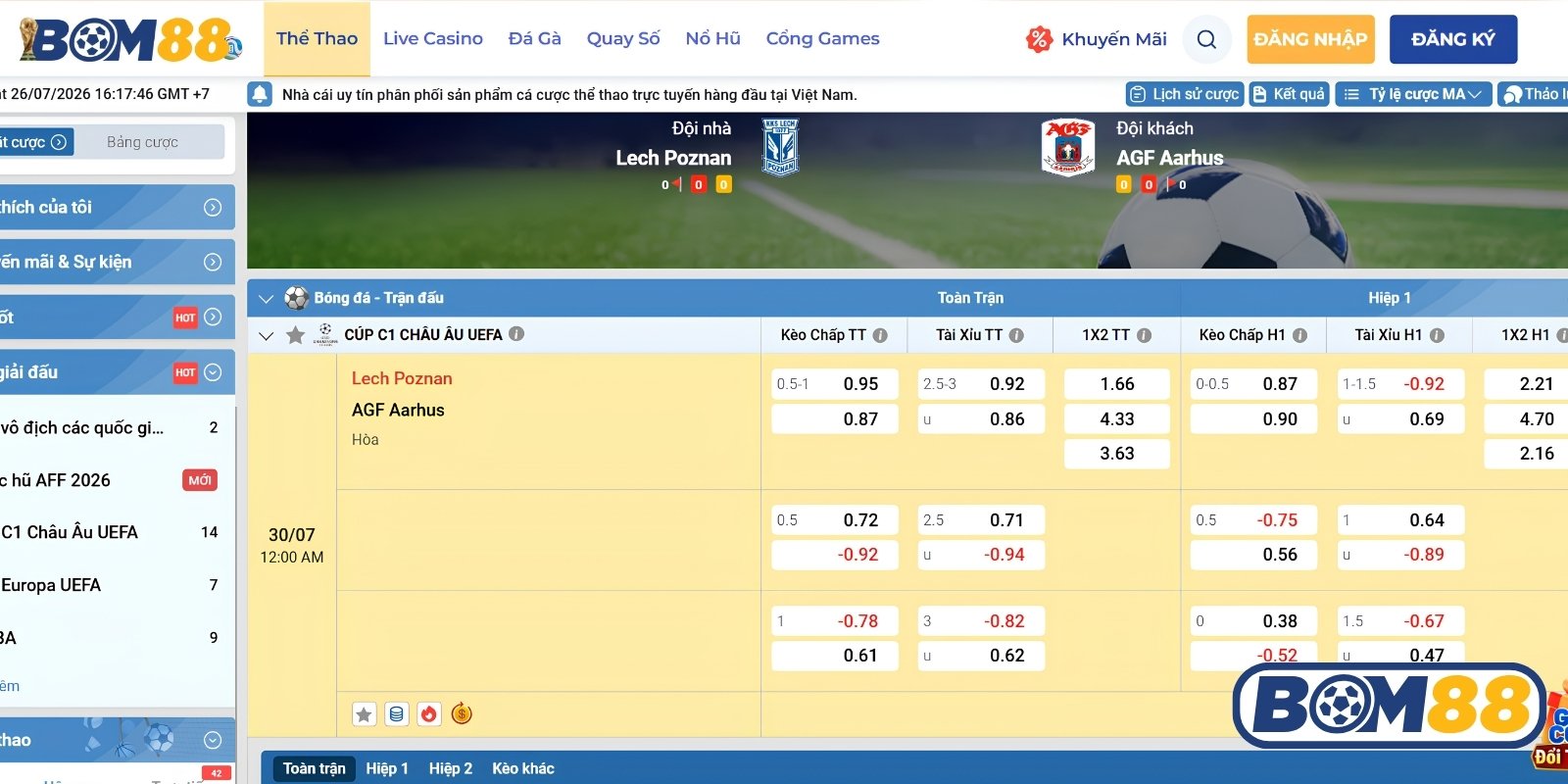 Bảng tỷ lệ kèo trận Lech Poznan vs AGF Aarhus ngày 30/07/2026