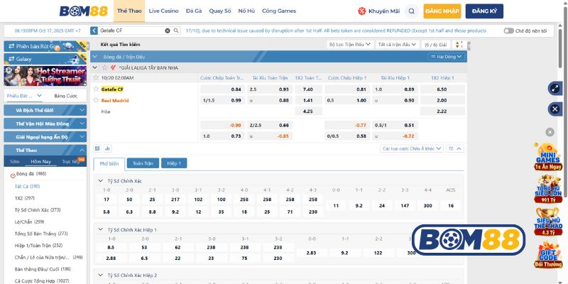 Bảng tỷ lệ kèo trận Getafe vs Real Madrid ngày 20/10/2025