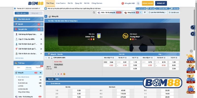Bảng tỷ lệ kèo trận Aston Villa vs Young Boys 28/11/2025