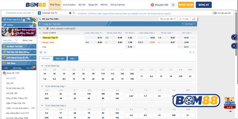 Bảng tỷ lệ kèo trận Cheonan City vs Busan 08/10/2025