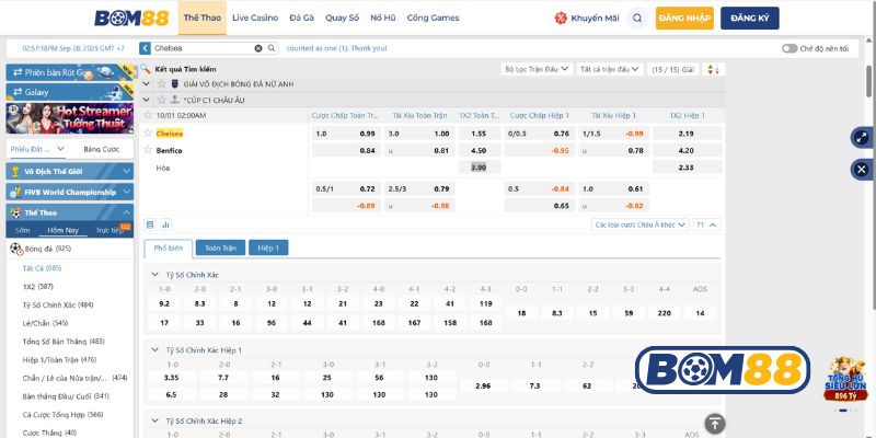 Bảng tỷ lệ kèo trận Barracas Chelsea vs Benfica 01/10/2025