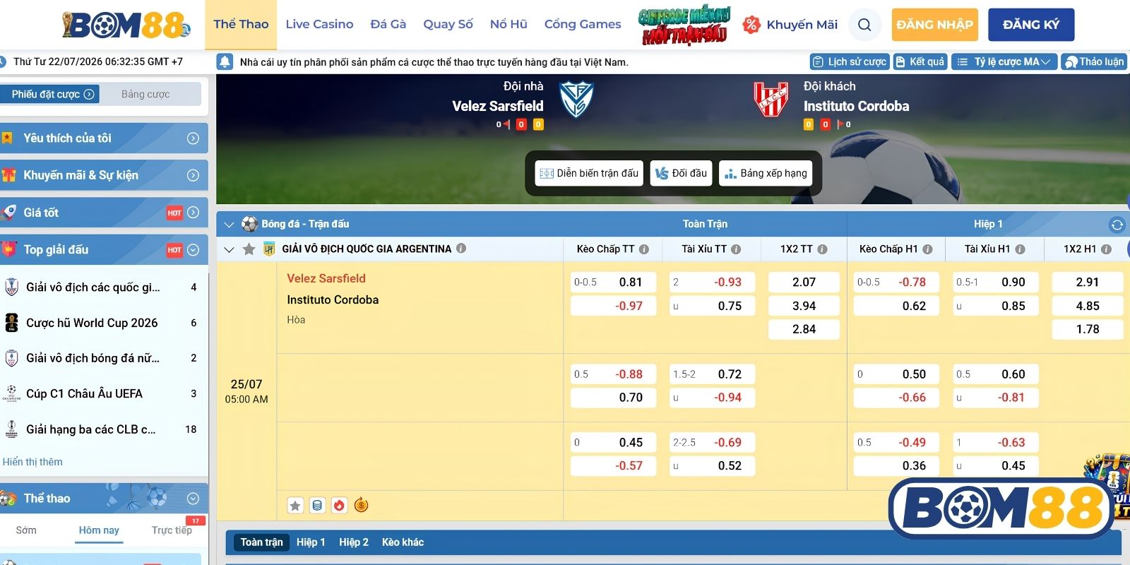 Bảng tỷ lệ kèo trận Velez Sarsfield vs Instituto Cordoba ngày 25/07/2026