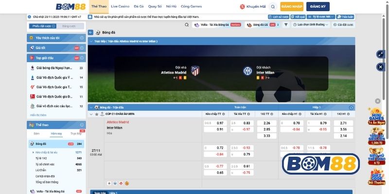 Bảng tỷ lệ kèo trận Atletico Madrid vs Inter Milan 27/11/2025