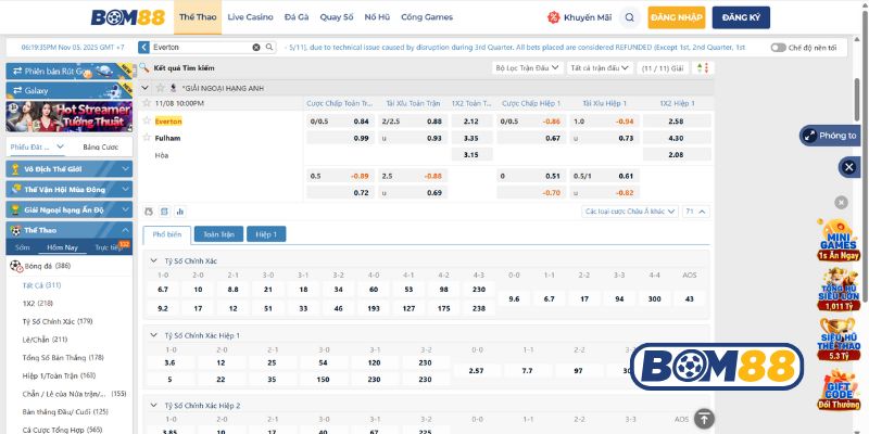 Bảng tỷ lệ kèo trận Everton vs Fulham 08/11/2025