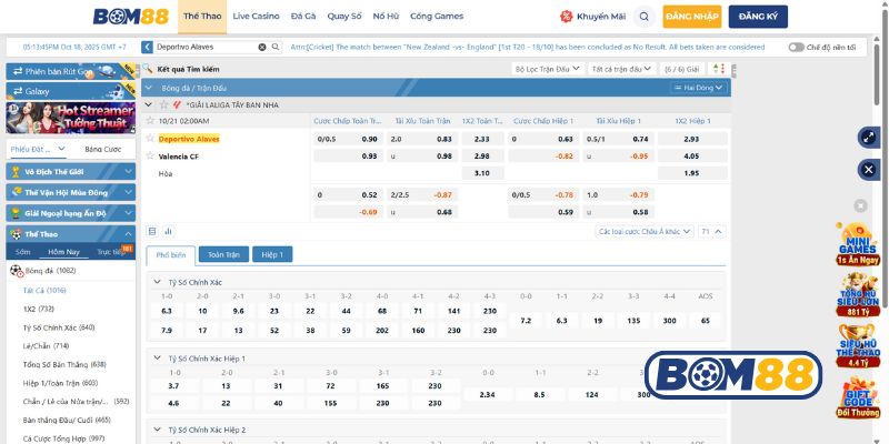 Bảng tỷ lệ kèo trận Alaves vs Valencia 21/10/2025